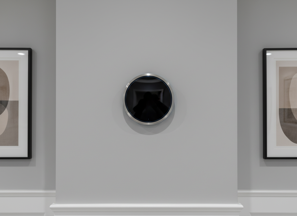A pristine glass touchscreen smart thermostat featuring a clean, circular design with a fine brushed steel rim, mounted perfectly centered on a smooth dove-grey wall in a modern hallway. The setting is framed by crisp baseboards and an abstract print in muted taupe tones. Cool, indirect overhead lighting creates a subtle sheen across the thermostat’s surface, highlighting its clarity and craftsmanship without harsh glare. The mood is sophisticated and serene. The scene is captured straight-on with symmetrical framing and ultra-sharp focus, establishing a clean, structured, and distinctly professional photographic look for a premium home electronics showroom.