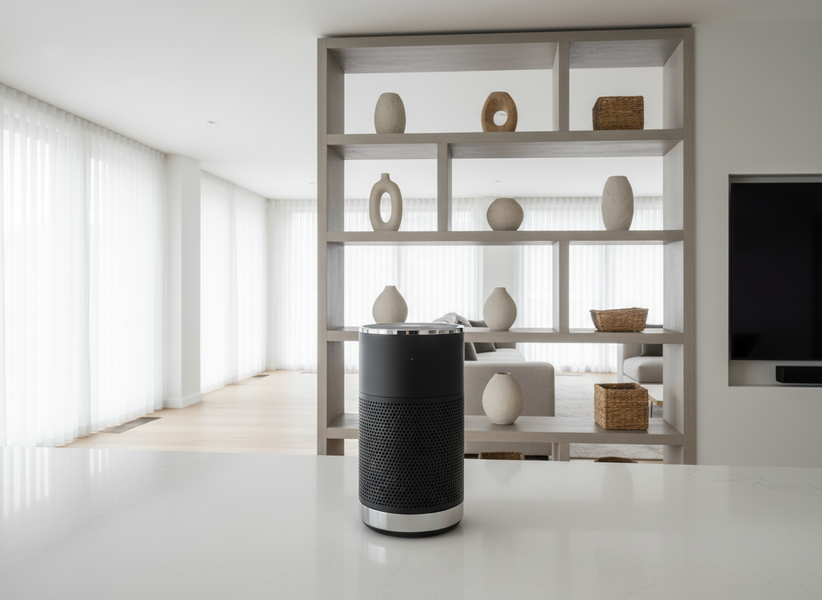 A sleek, matte-black smart speaker with a subtle mesh texture and chrome accents, positioned prominently on a crisp white quartz countertop in a streamlined, open-plan living room. Behind the speaker, geometric shelving holds neutral-toned decorative objects and the edge of a wall-mounted flat-screen display is visible. Soft diffused daylight pours through floor-to-ceiling windows, creating even highlights and understated shadows, amplifying the product’s modern lines. The mood is calm, professional, and high-tech. Captured at eye-level with perfect focus throughout, the composition is clean and balanced, embracing photographic realism with a minimalist, corporate aesthetic to highlight advanced home electronics in a sophisticated setting.