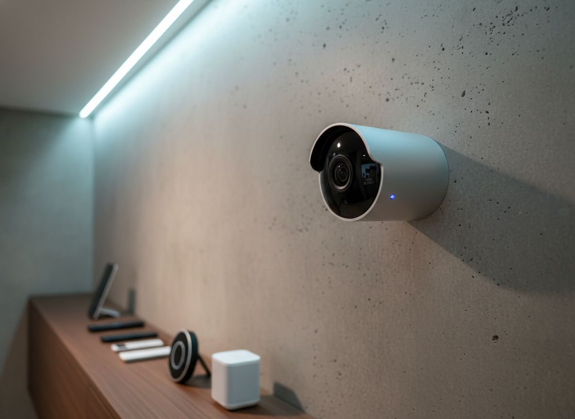 A minimalist home security camera in brushed aluminum with a glossy black lens, mounted on a structured concrete wall above a low, uncluttered console featuring a neatly arranged selection of smart remotes and controllers. Soft LED accent lighting installed in the ceiling washes the camera and wall in cool, neutral tones, casting gentle, professional shadows and lending the scene a sense of discreet, high-end functionality. Shot from a slightly angled viewpoint with moderate depth of field, the composition employs sharp lines and precise balance to convey an atmosphere of security, order, and innovation, in line with a modern smart-home electronics store.