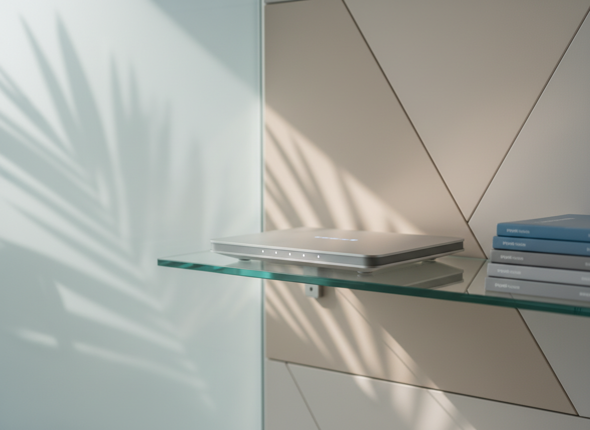 A refined, slim-profile wireless router in soft matte silver with subtle LED indicators, situated on a floating glass shelf in an upscale office nook. The background includes geometric wall panels in soft beige and hints of neatly stacked technical manuals. Natural afternoon light filters through a frosted glass partition, casting elegant, feathered highlights across the device. The composition is captured from a slightly elevated angle with a softly blurred background, emphasizing the router’s streamlined form and advanced design. The mood is composed and efficient, with a clean, balanced, and corporate style that resonates with PetraTide Technologies’ professional approach to smart connectivity.
